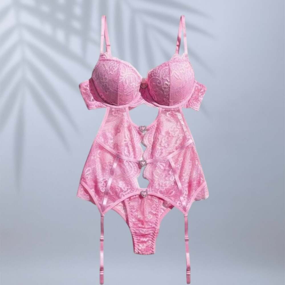 Heart Charm Lace Strappy Teddy Lingerie in Pink  ✧ M